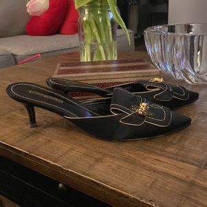 Louis Vuitton Mules, black satin with gold leather & stitch detail and bee Sz 39